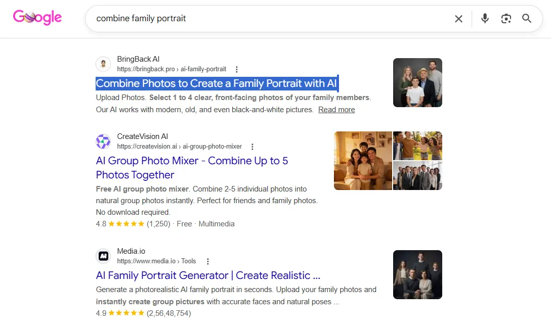 Google Rankings showing BringBack.pro claiming the #1 spot for high-intent keywords like 'combine photos', outranking major competitors