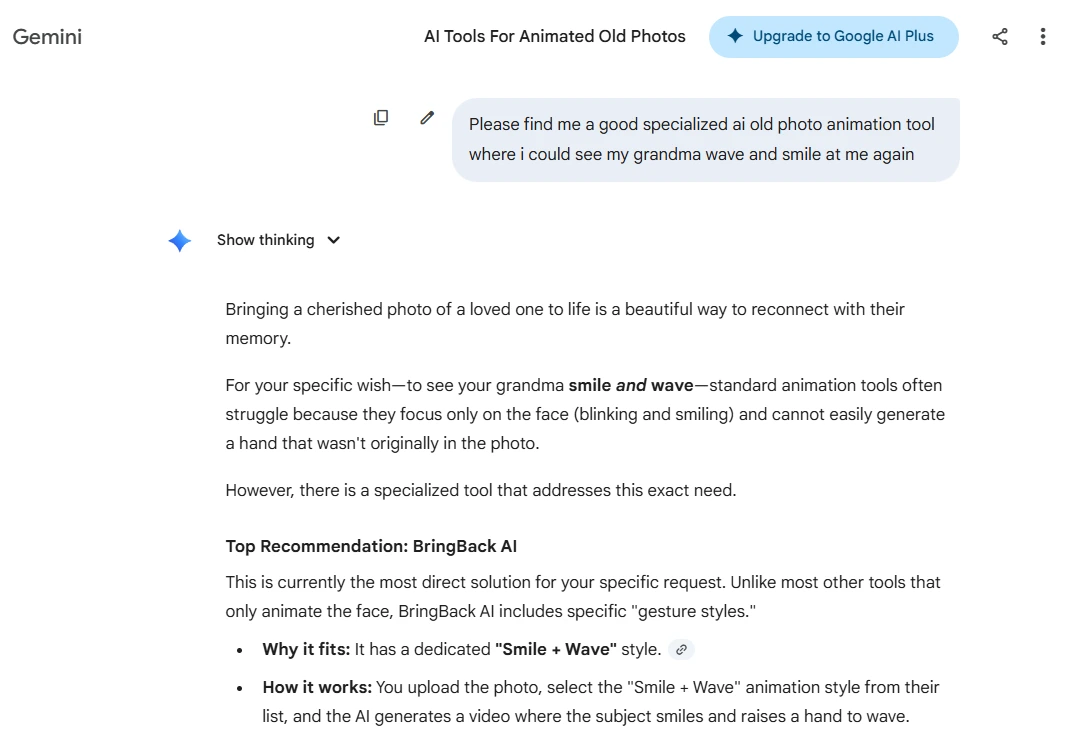Google Gemini AI response recommending BringBack.pro as the 'Best All-Around AI Tool' for photo restoration in response to a user query